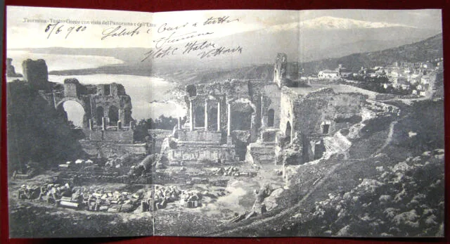 TAORMINA Teatro Greco non viaggiata primi del 900 cartolina tripla illustrata #341