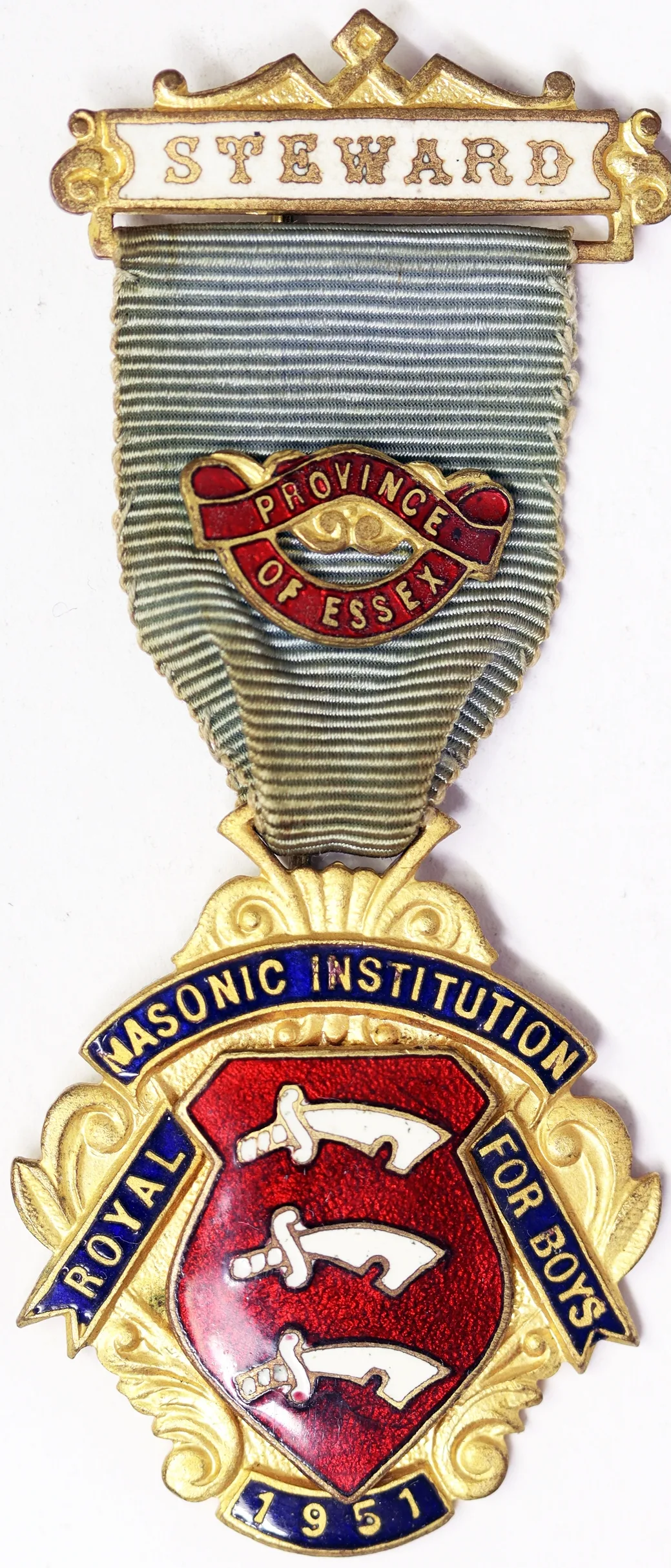 MEDAGLIA MASSONERIA 1951 ROYAL MASONIC INSTITUTION FOR BOYS PROVINCE OF ESSEX, STEWARD, GIORGIO VI (1936-1952) Ae #N213