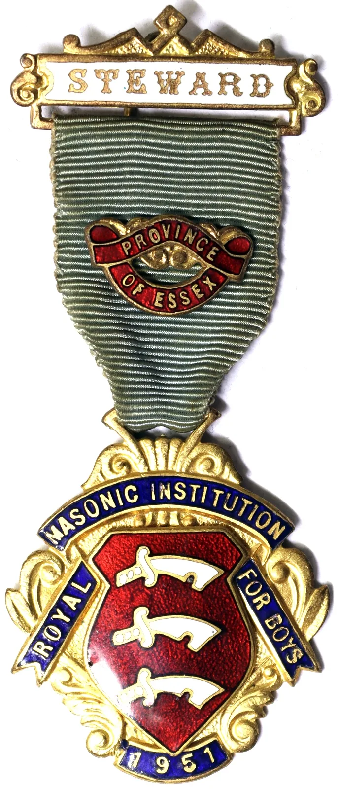 Medaglia MASSONERIA 1951 ROYAL MASONIC INSTITUTION FOR BOYS PROVINCE OF ESSEX STEWARD 1951 Giorgio VI bronzo #N199