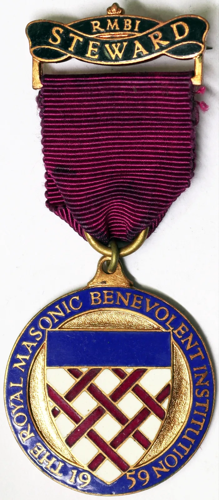 Medaglia MASSONERIA THE ROYAL MASONIC BENEVOLENT INSTITUTION RMBI STEWARD 1959 Elisabetta II #N202