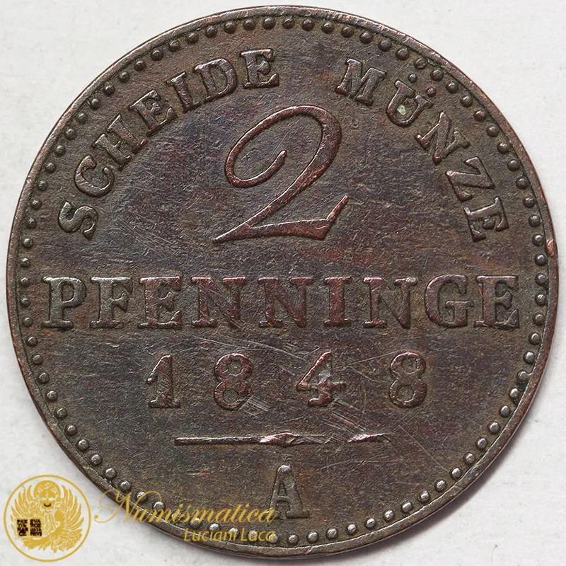 PRUSSIA 2 Pfennigs 1848 A Berlino Frederick William IV STATI TEDESCHI #6990