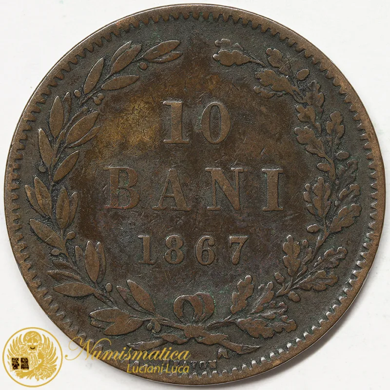 ROMANIA 10 Bani 1867 Heaton Carlo I #755
