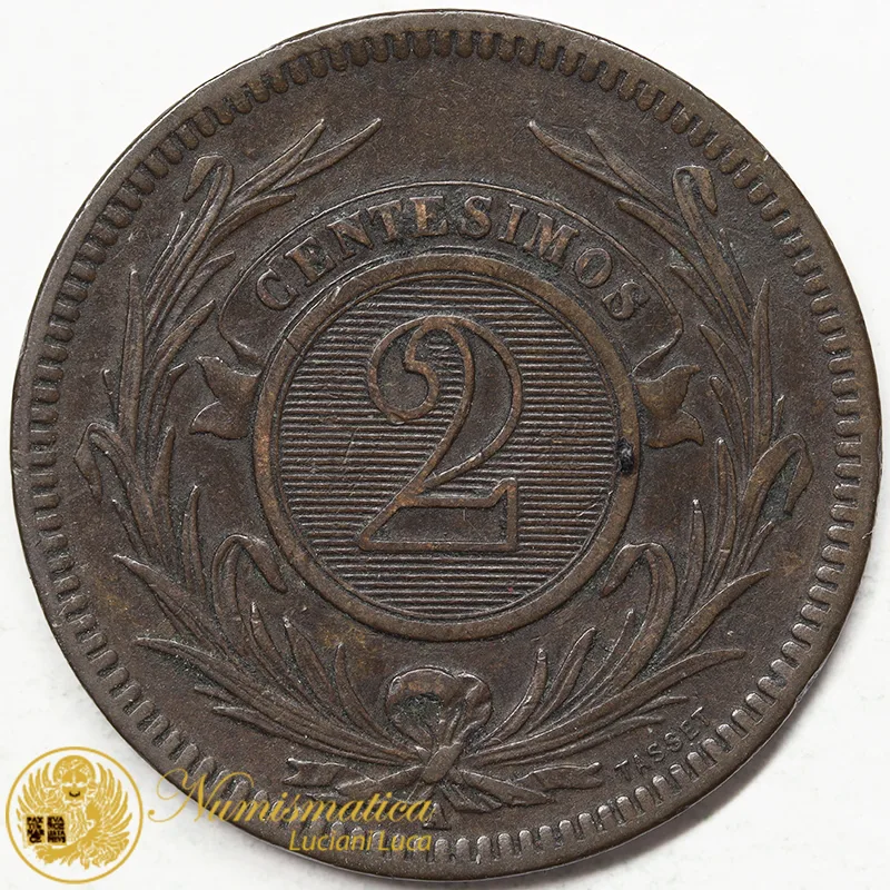 URUGUAY 2 CENTESIMOS 1869 A (RADIANT SUN FACE) #811