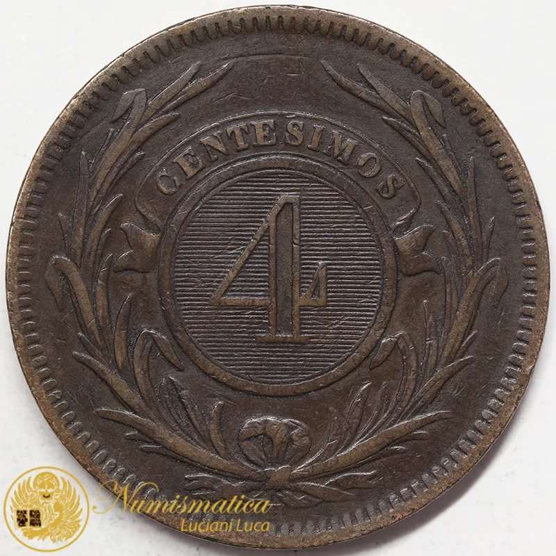 URUGUAY 4 Centesimos 1869 H Radiant Sun Face #4381