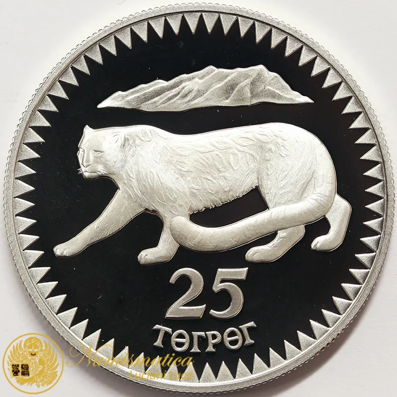 MONGOLIA 25 Tugrik 1987 Leopardo delle nevi Argento PROOF #4717