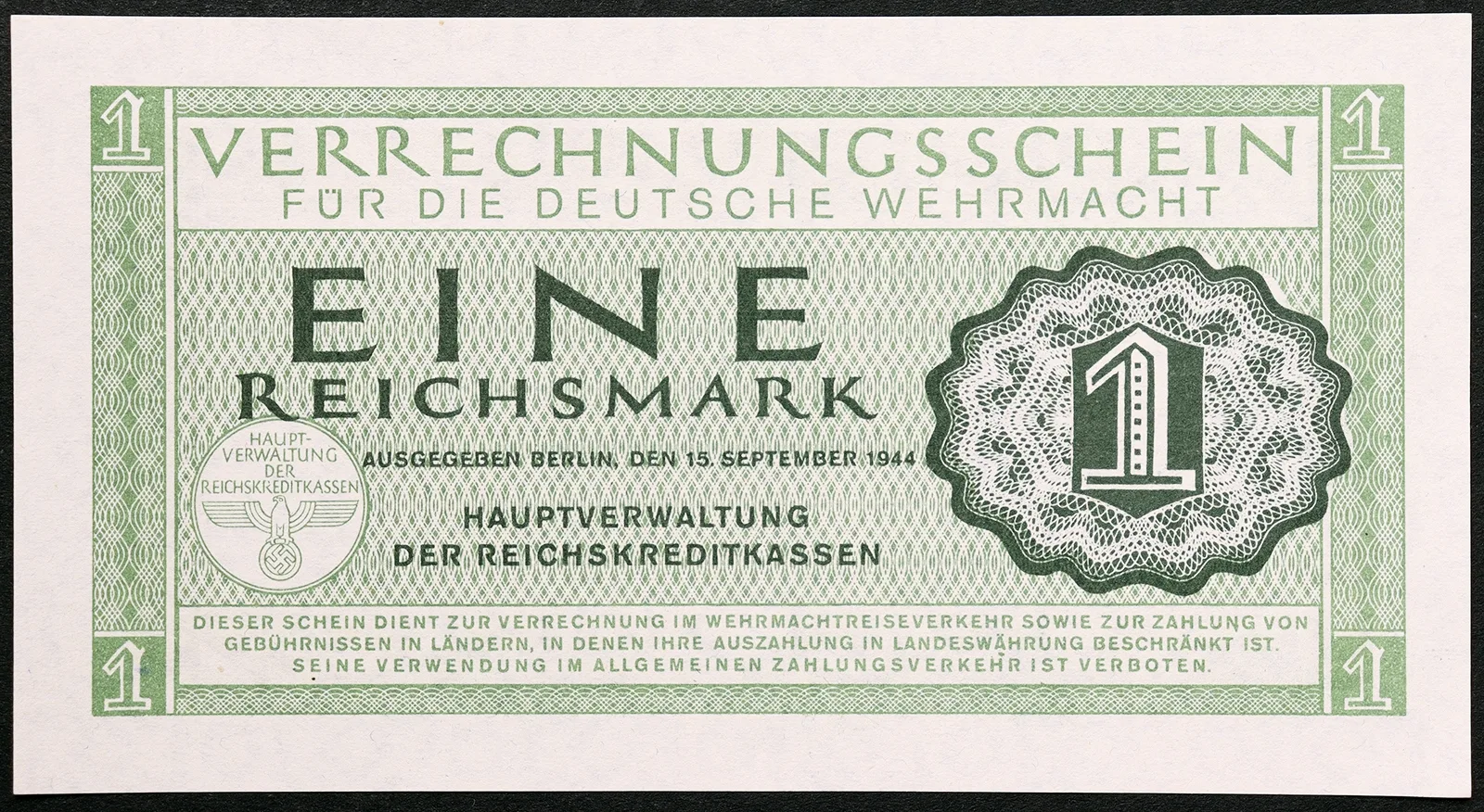 GERMANIA 1 Reichsmark 1944 Terzo Reich Wehrmacht FDS Pick#M38 #B1451