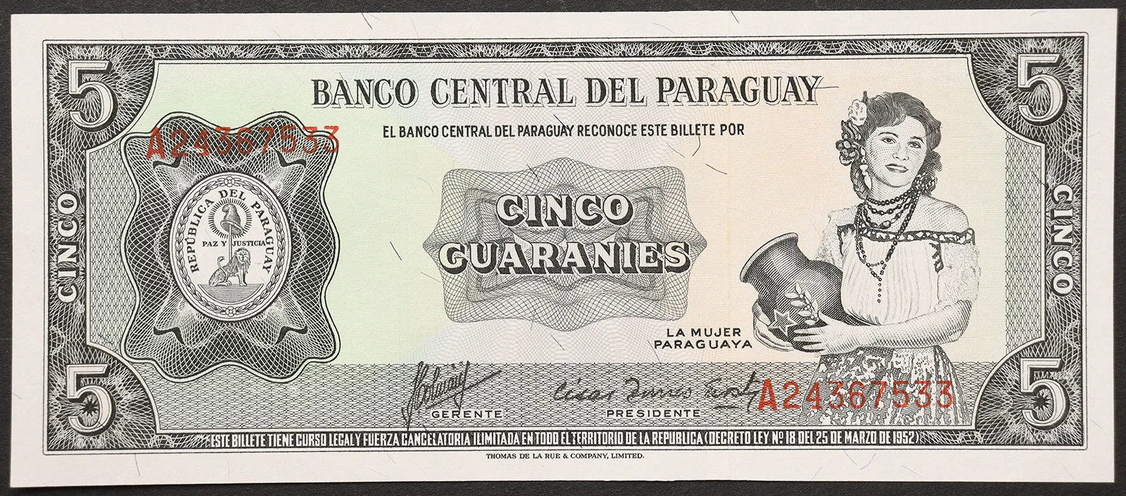 PARAGUAI 5 Guaranies 1963 FDS Pick#195b #B362