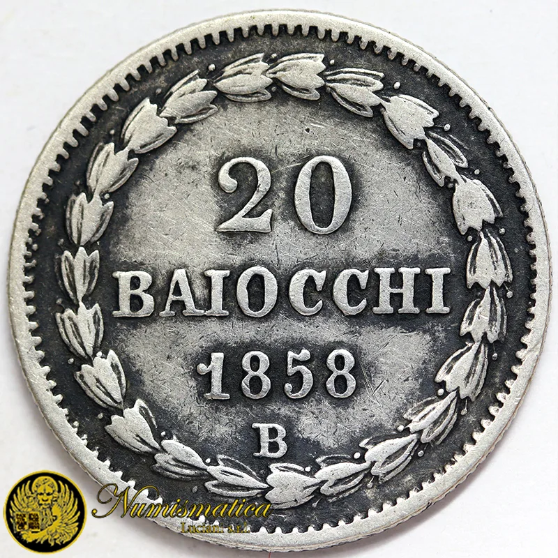 STATO PONTIFICIO 20 Baiocchi 1858 Anno XII Zecca Bologna Pio IX 1846-66 BB Ag.800 5,57 g #3043