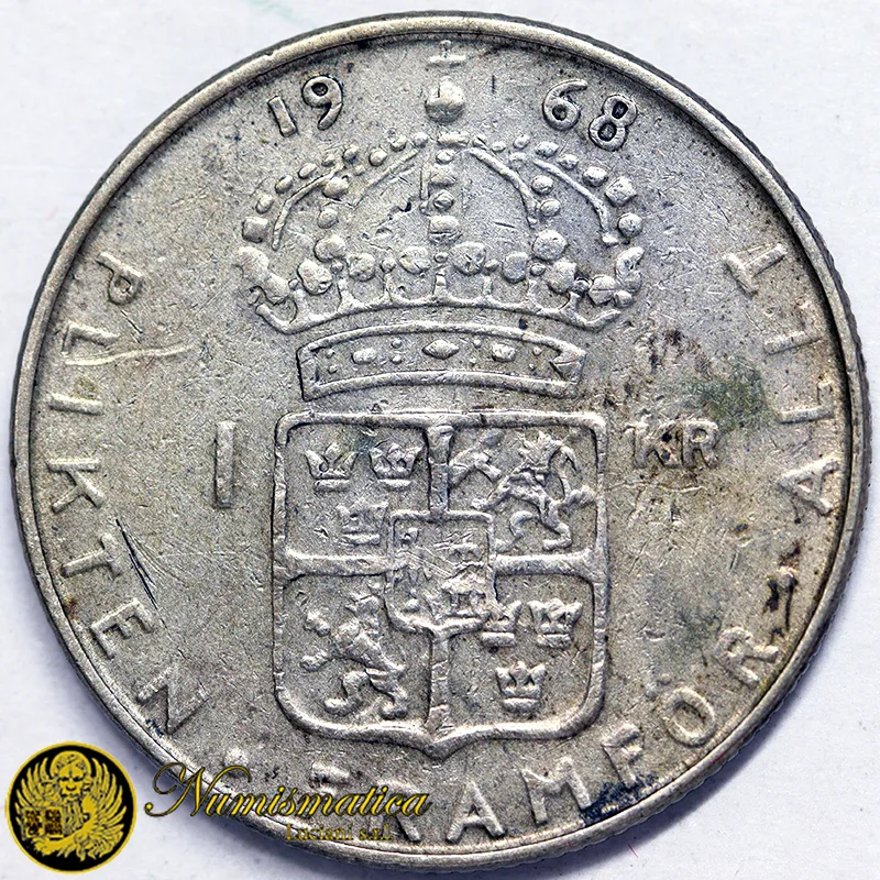 SVEZIA 1 Krona 1968 Gustavo VI Adolfo 1950-1973 Ag.400 7 g #3078