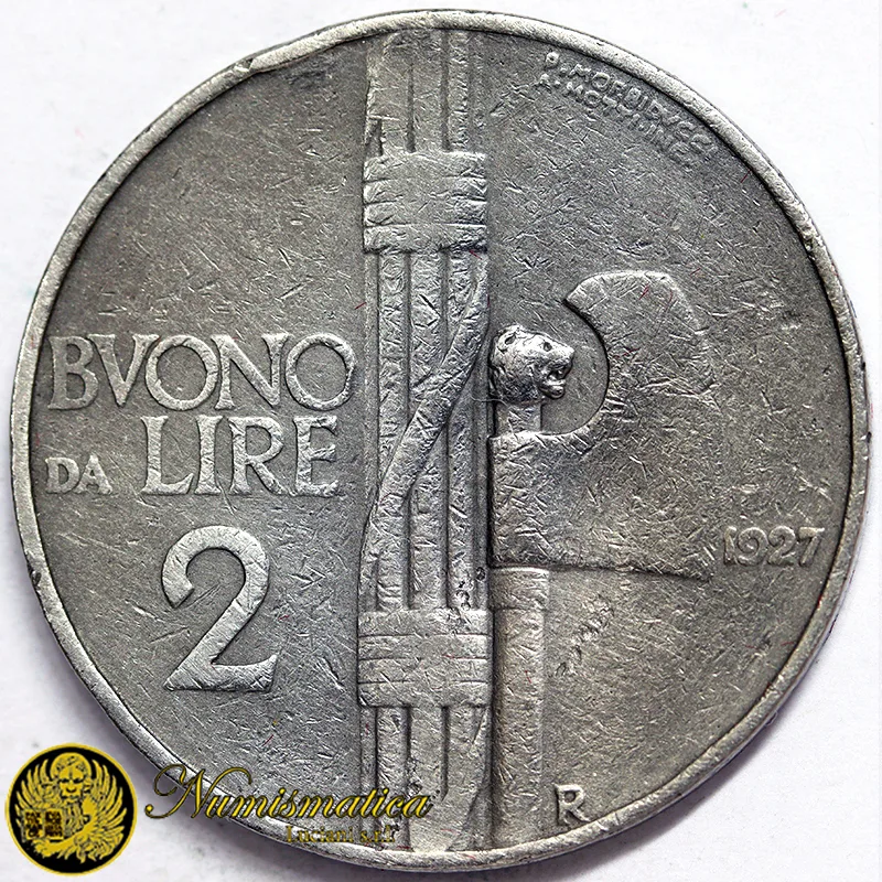 ITALIA Buono da 2 Lire 1927 BB- Fascio Vittorio Emanuele III Nichel 10 g Molto Raro #3122