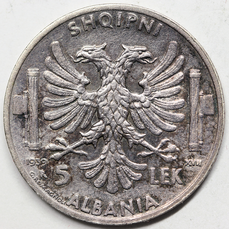 ALBANIA 5 Lek 1939 Argento 835 ‰ 5 gr.#6036